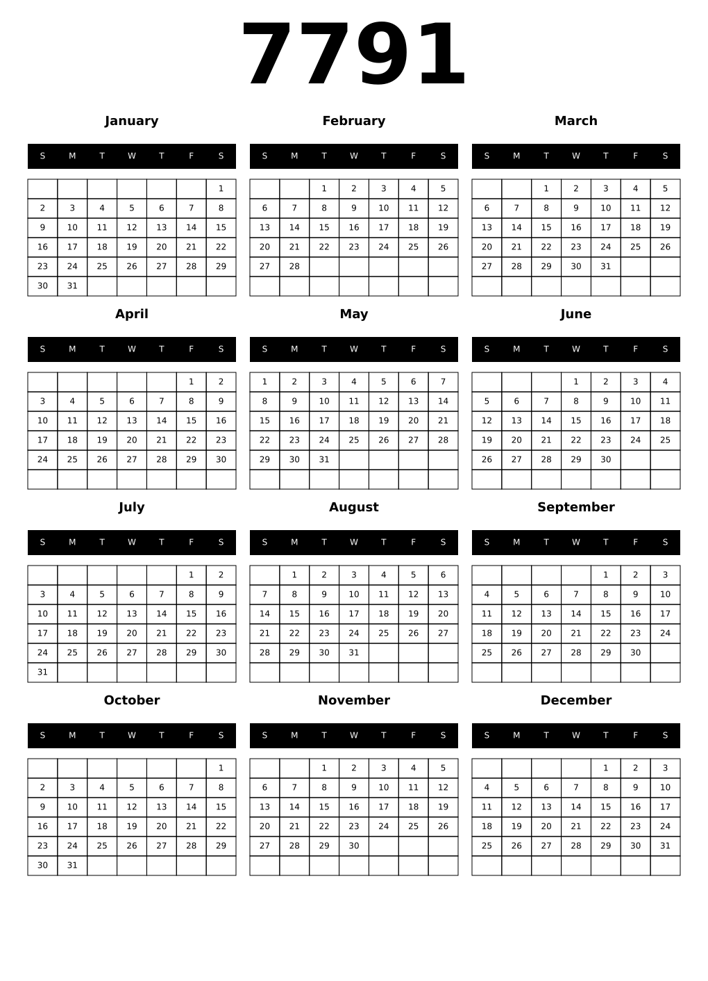 Printable 7791 Calendars