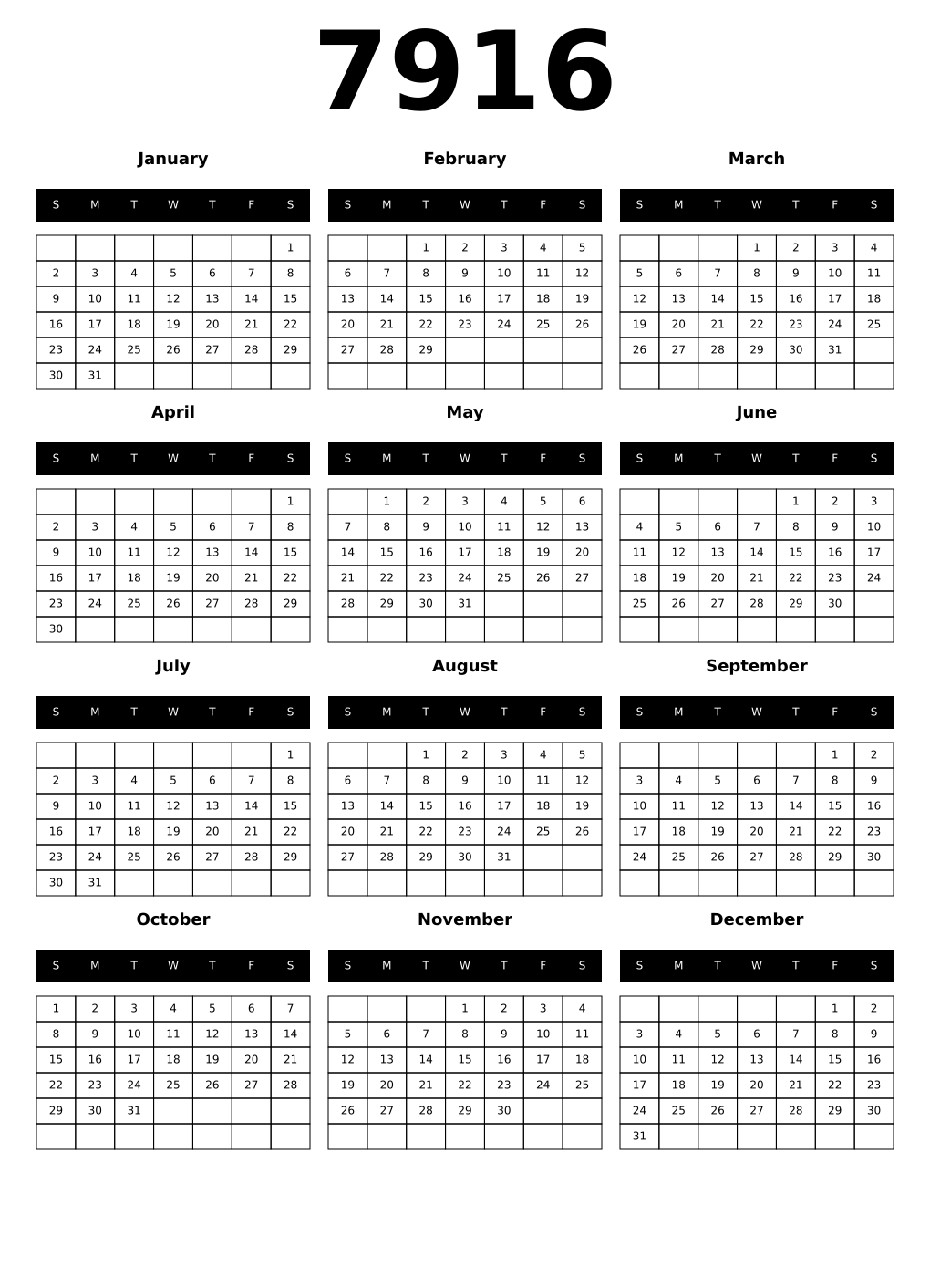 Printable 7916 Calendars