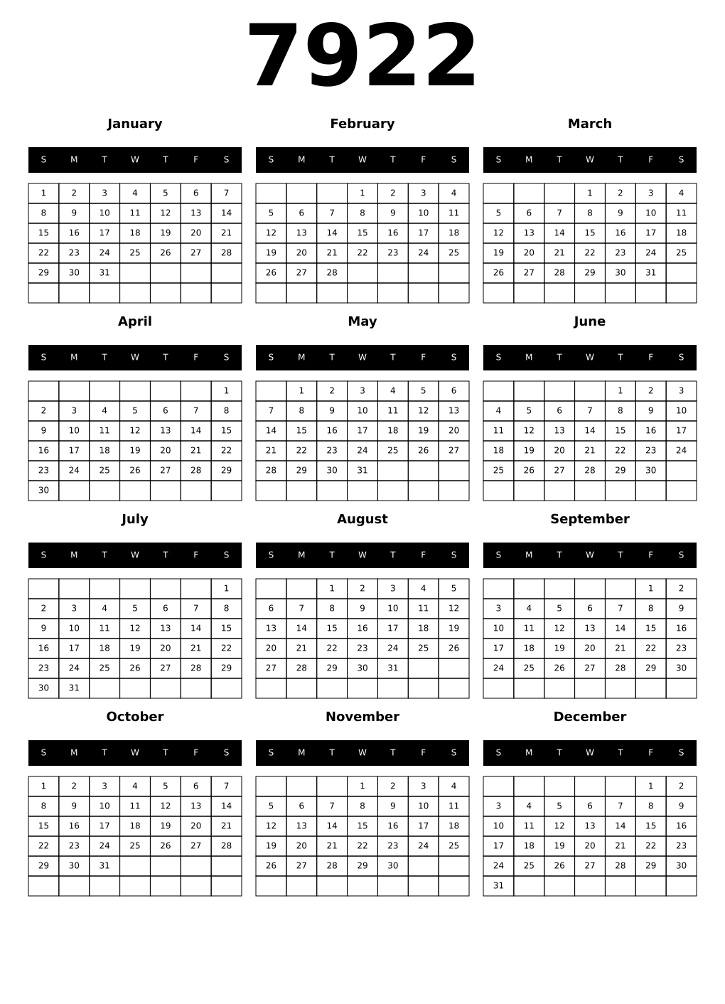 Printable 7922 Calendars
