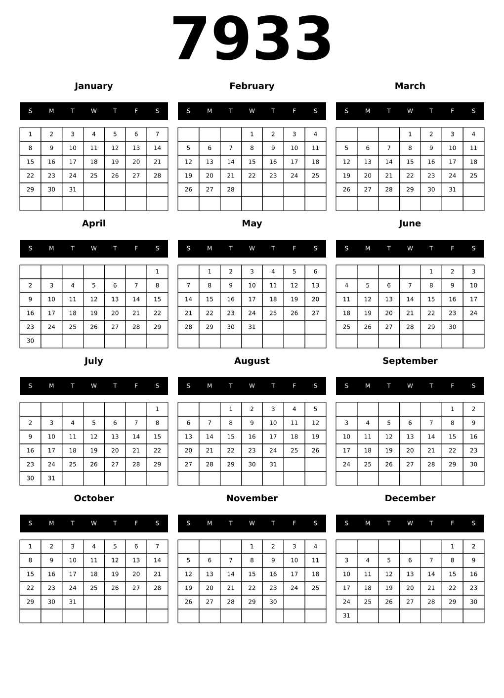 Printable 7933 Calendars