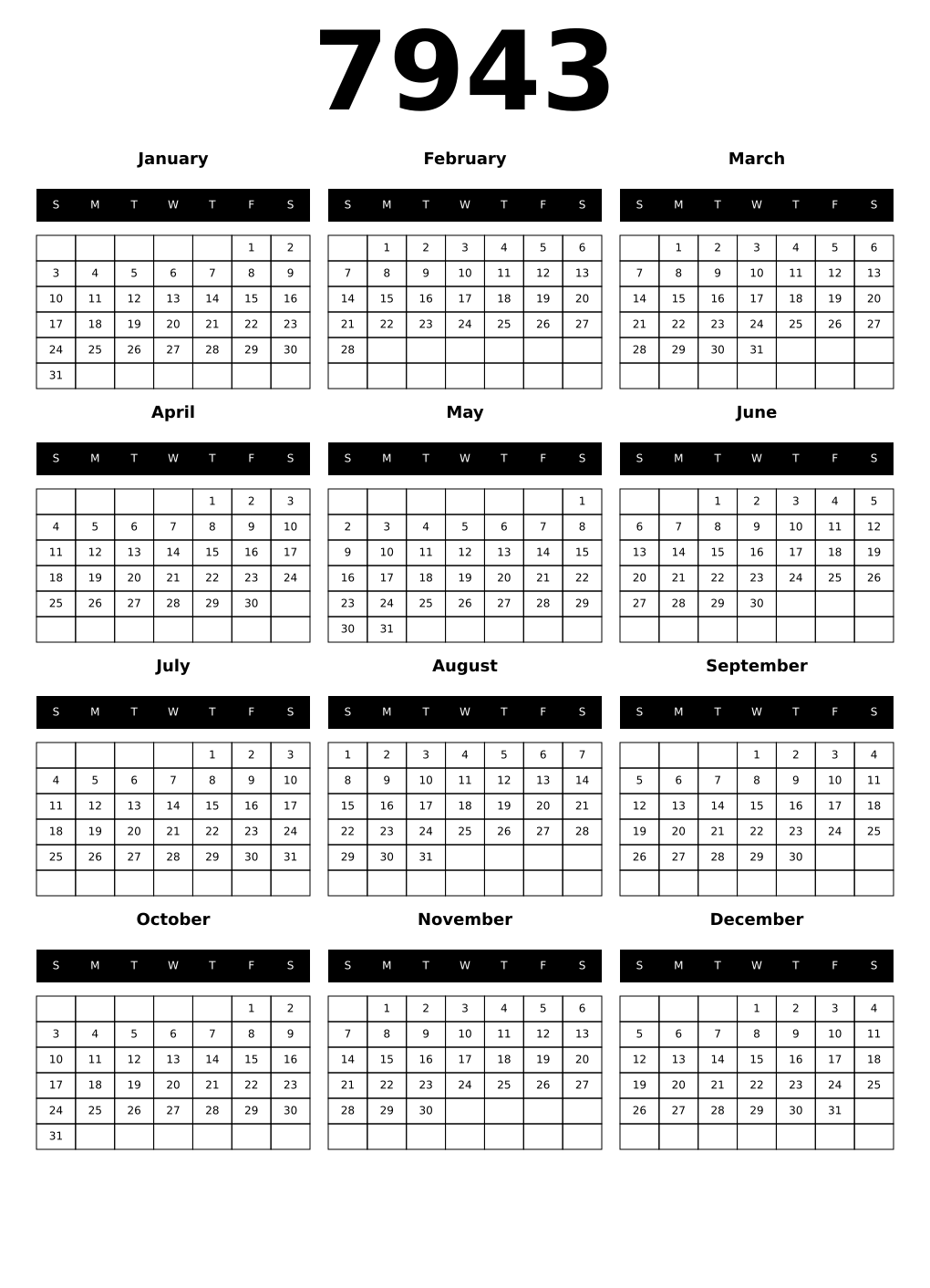 Printable 7943 Calendars