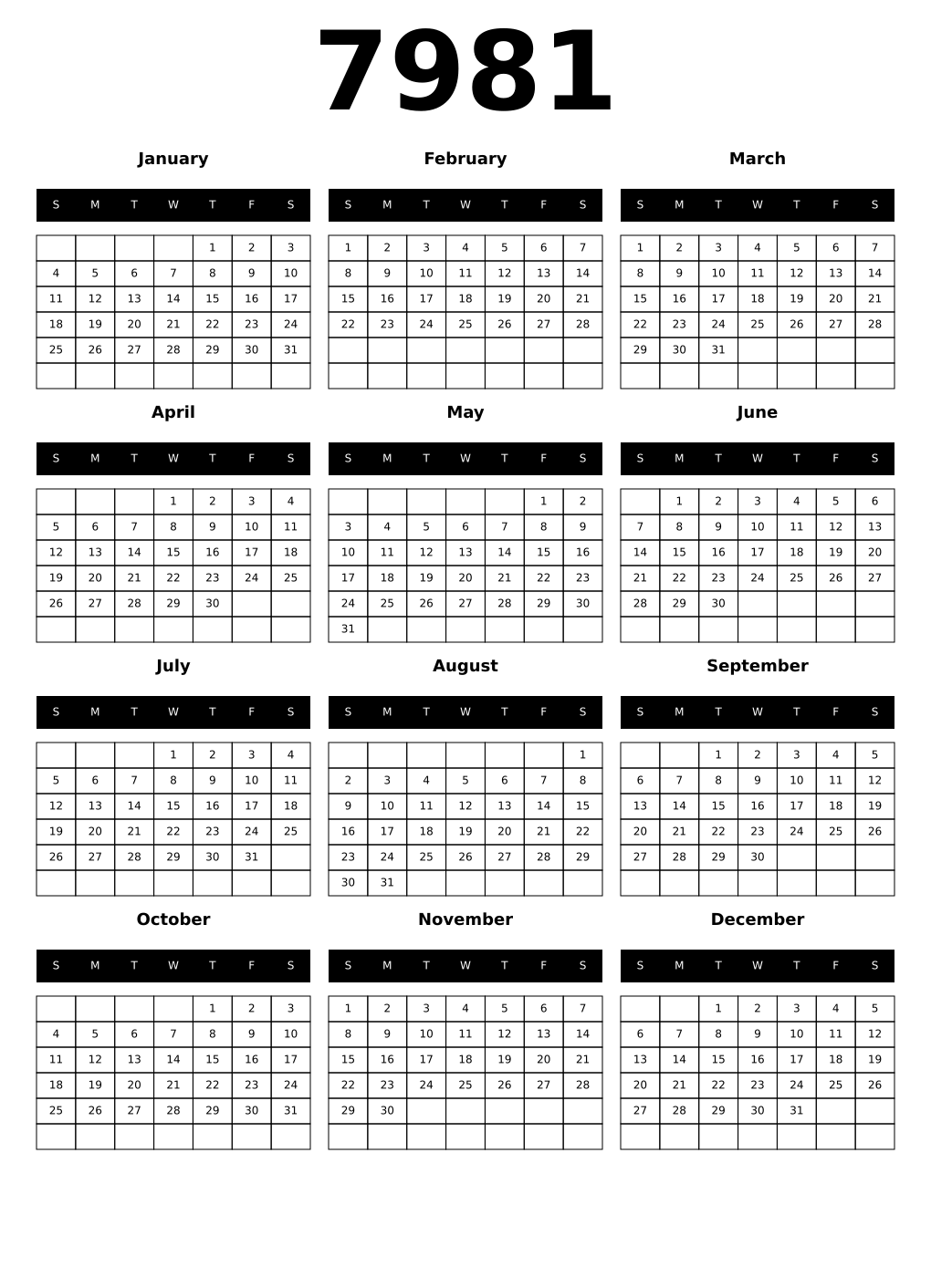 Printable 7981 Calendars