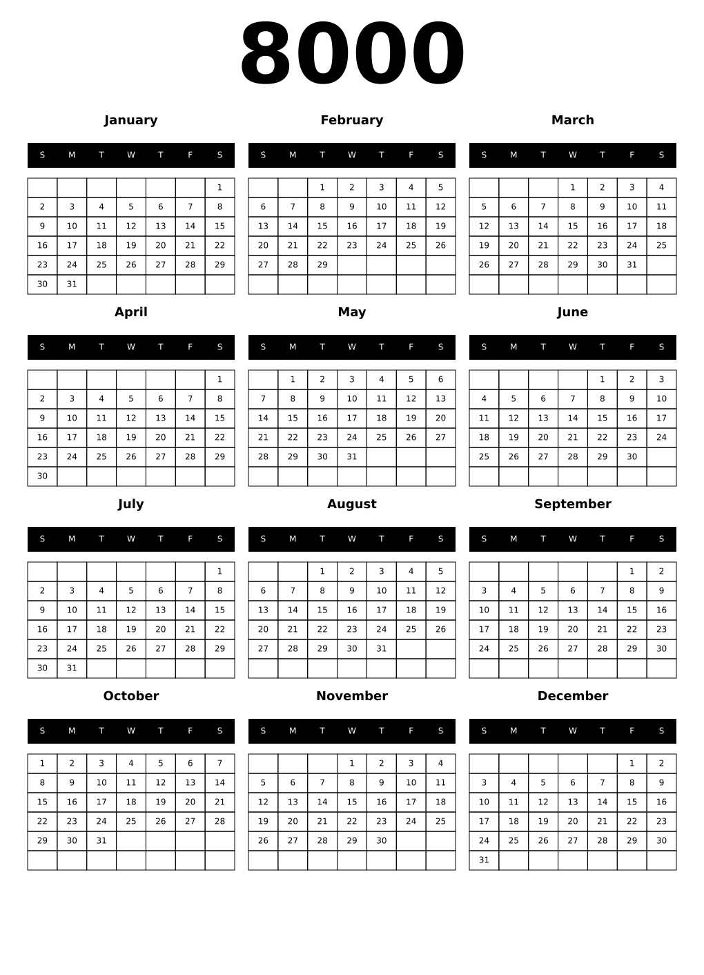 Printable 8000 Calendars