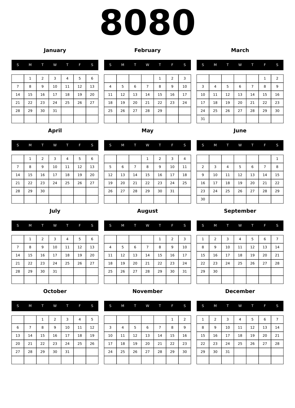 Printable 8080 Calendars