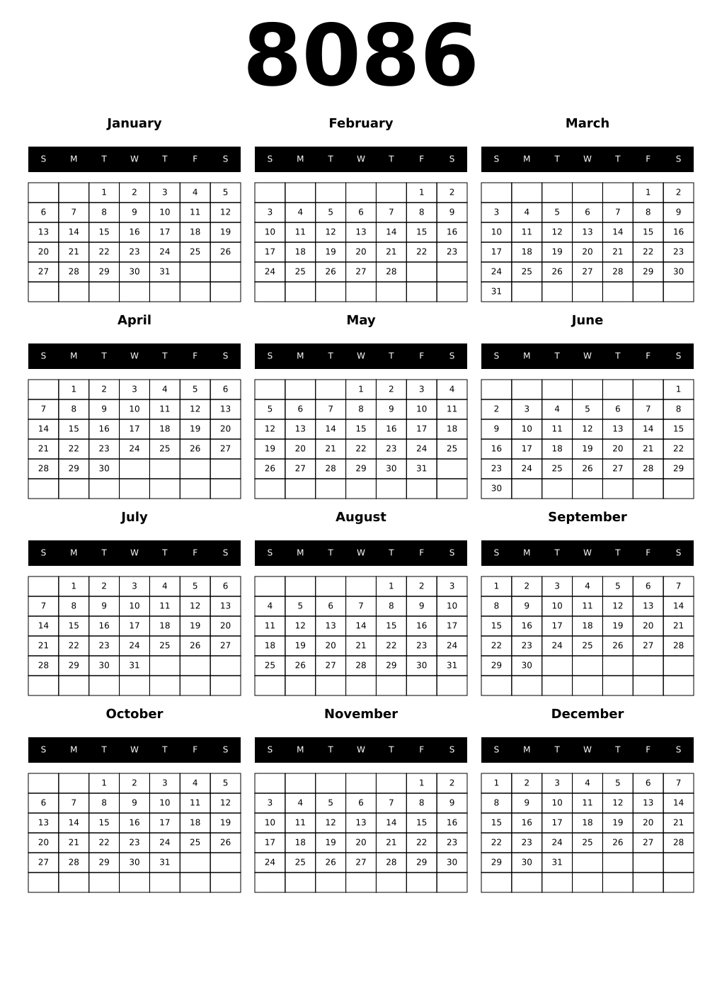 Printable 8086 Calendars