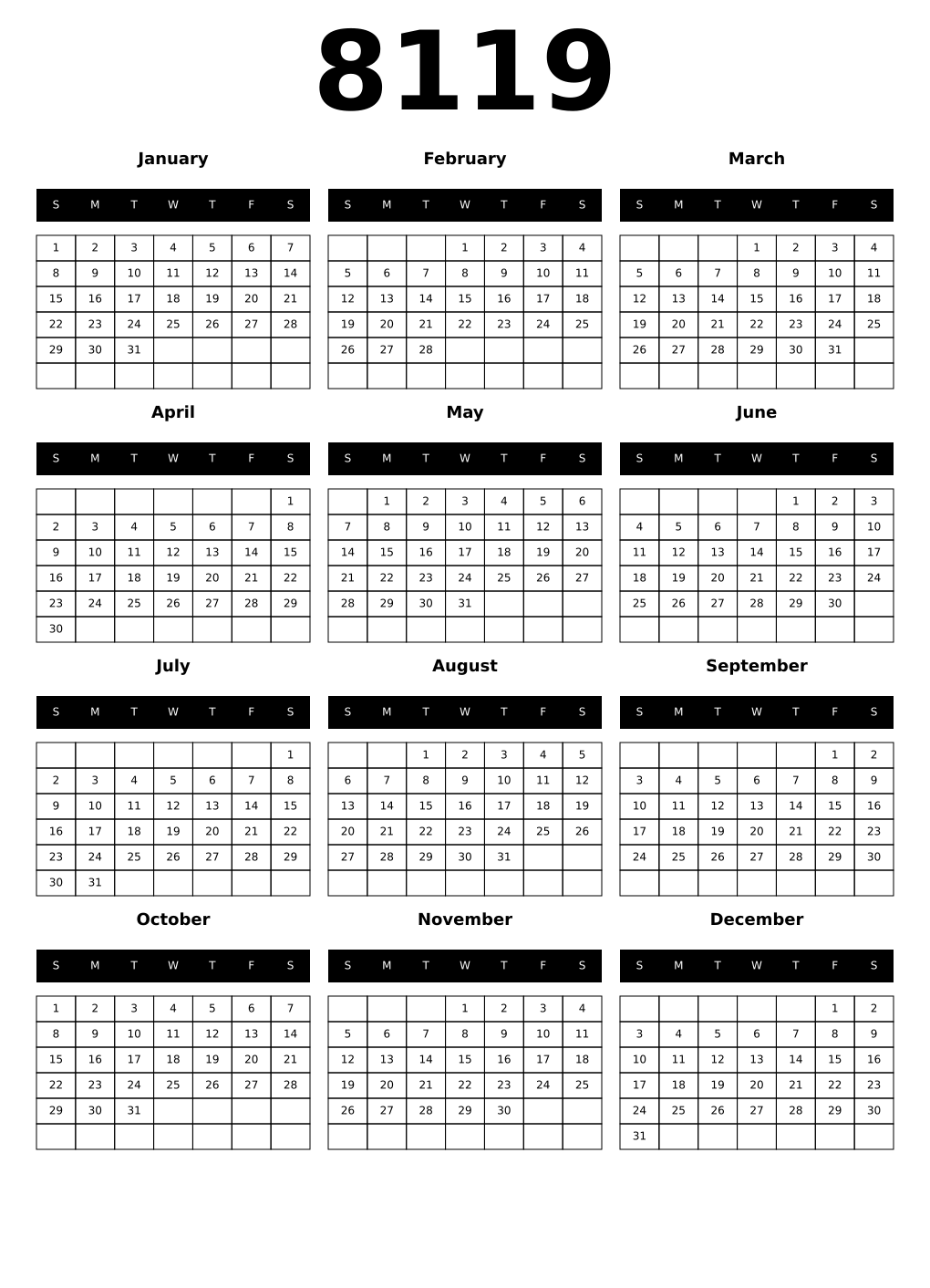 Printable 8119 Calendars