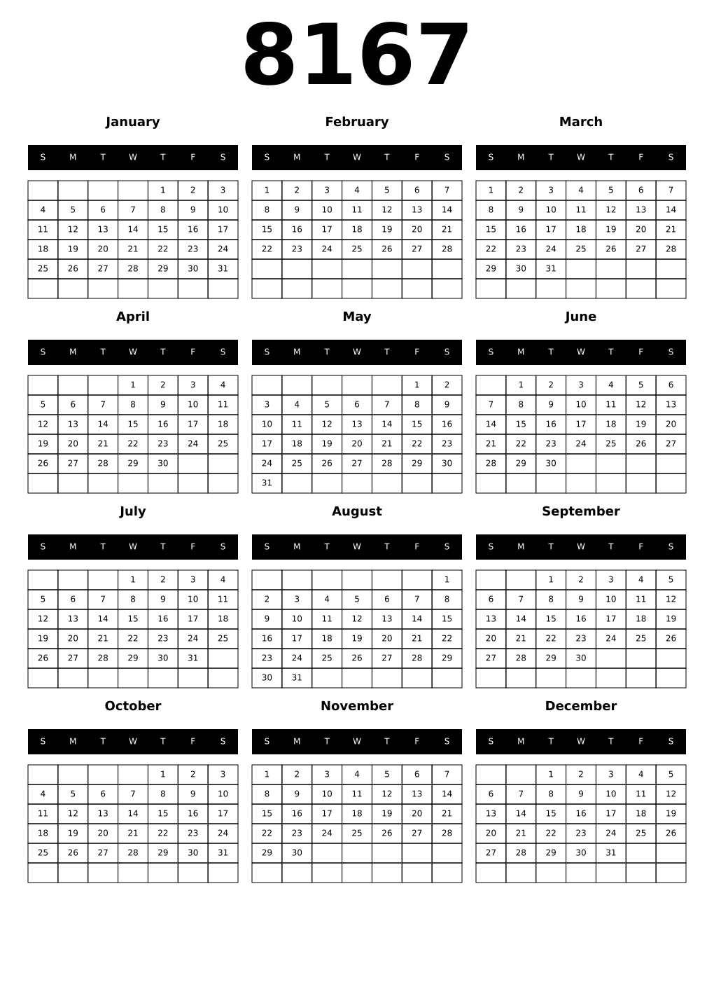 Printable 8167 Calendars