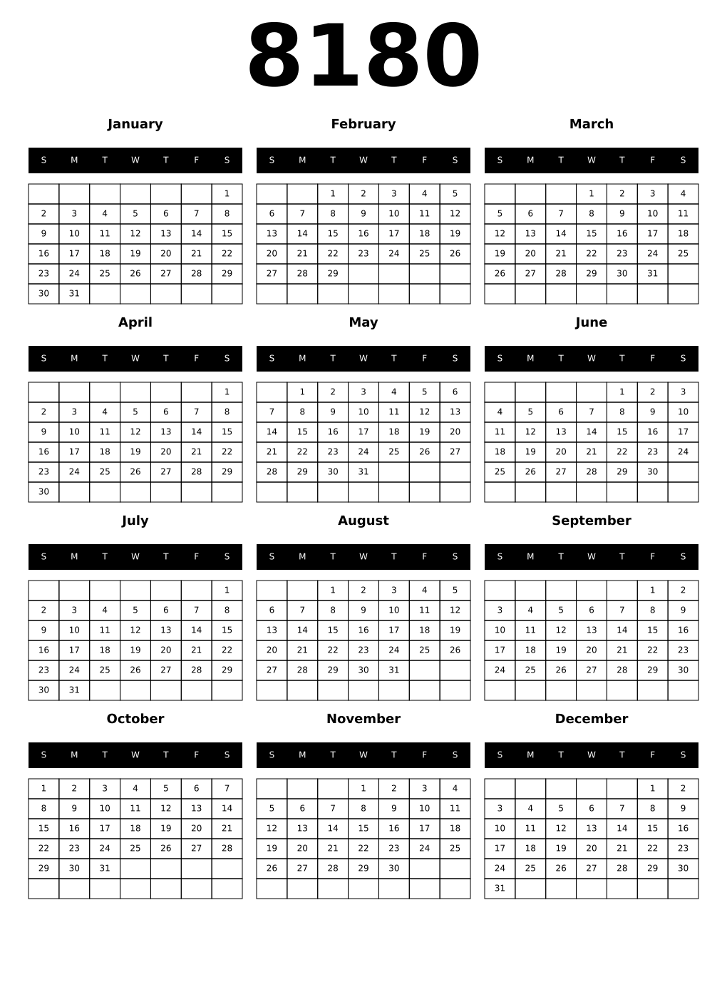 Printable 8180 Calendars