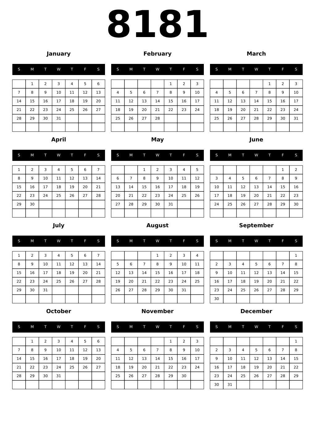 Printable 8181 Calendars