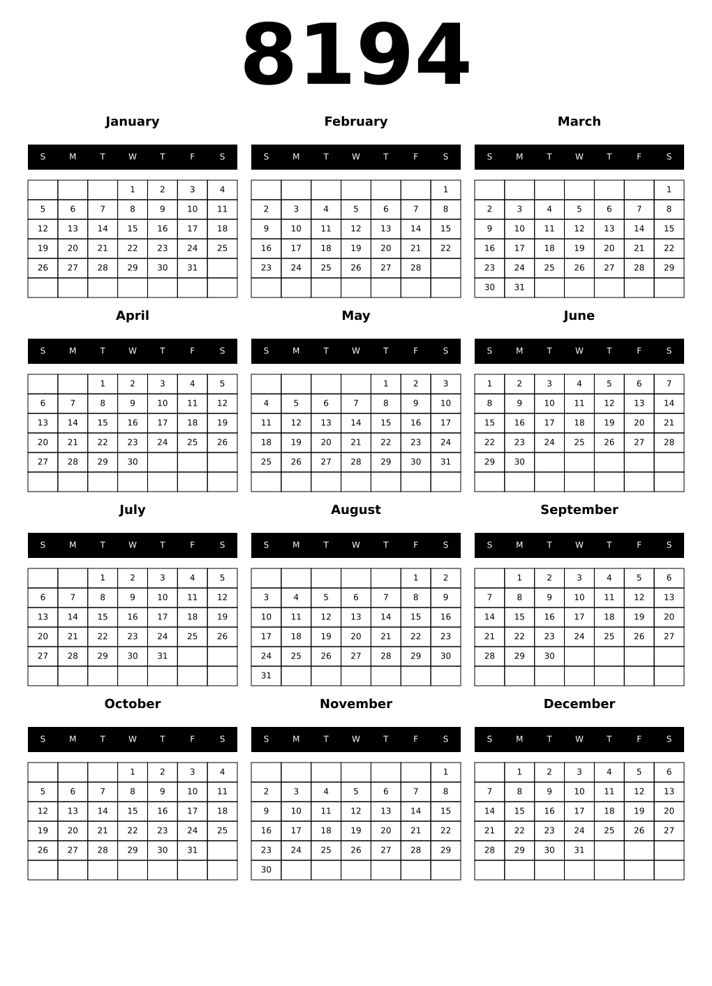 Printable 8194 Calendars