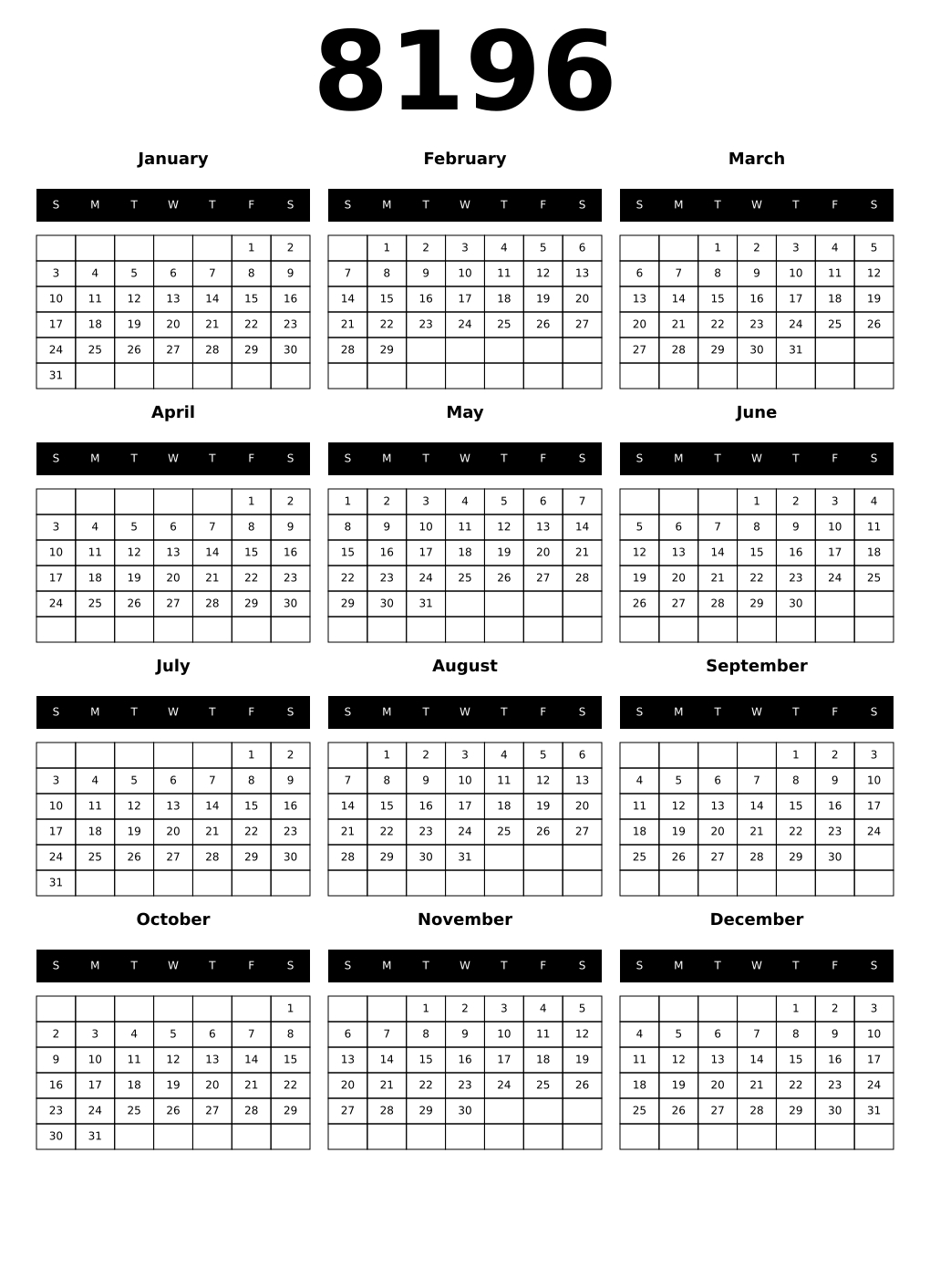 Printable 8196 Calendars