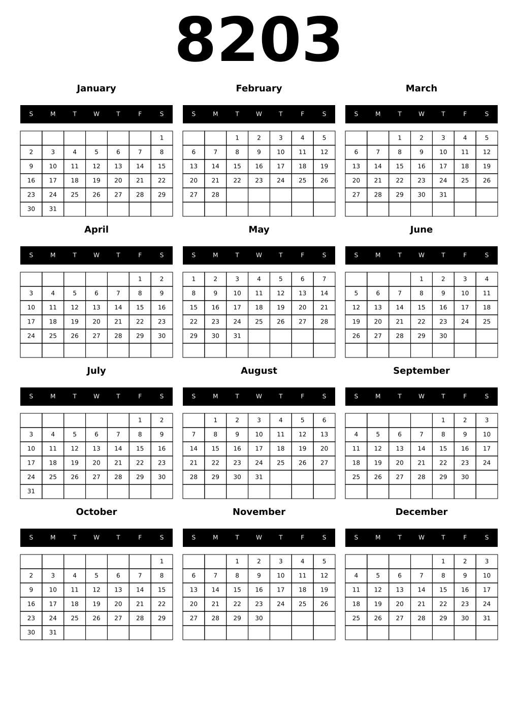 Printable 8203 Calendars