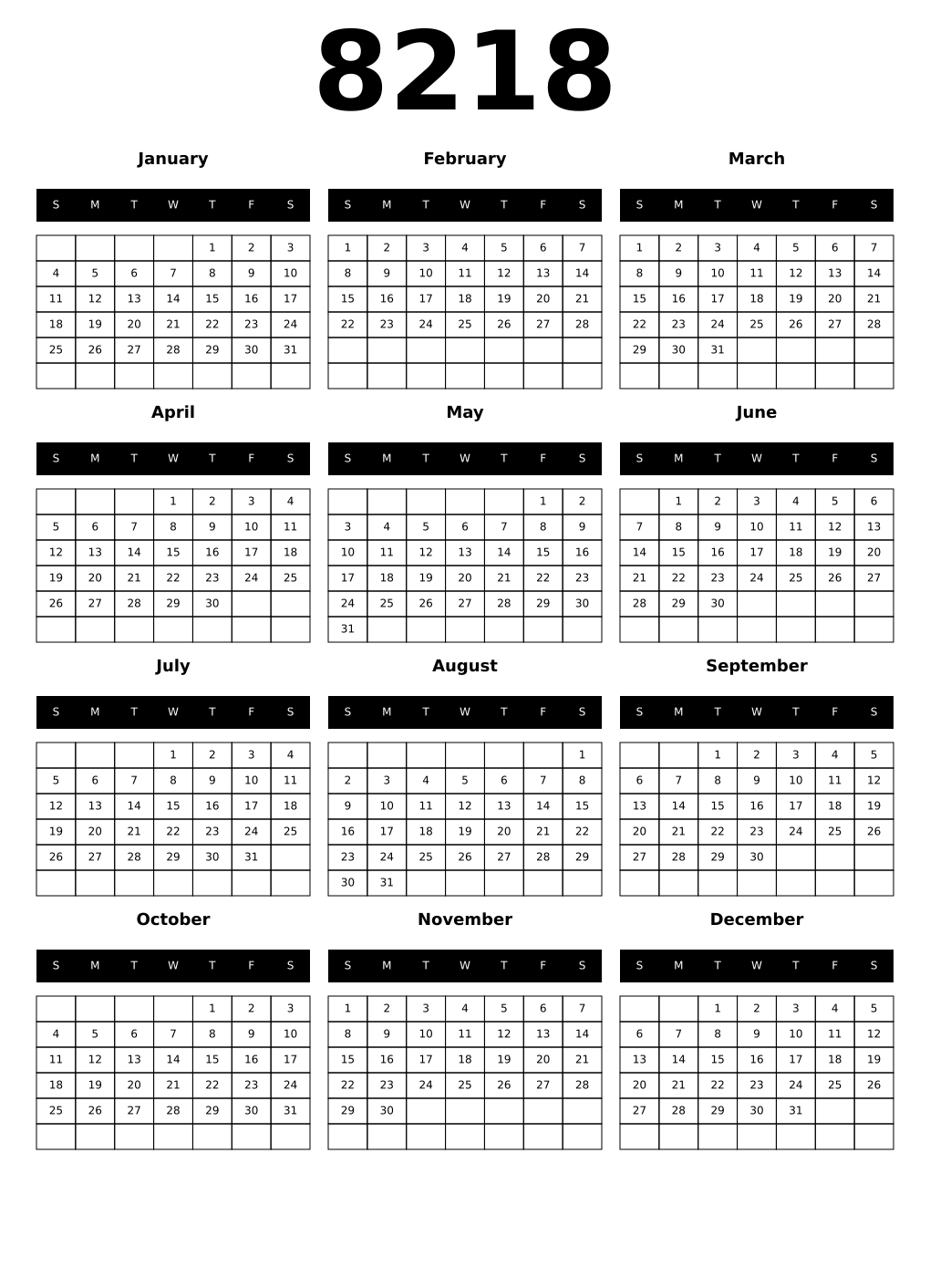 Printable 8218 Calendars