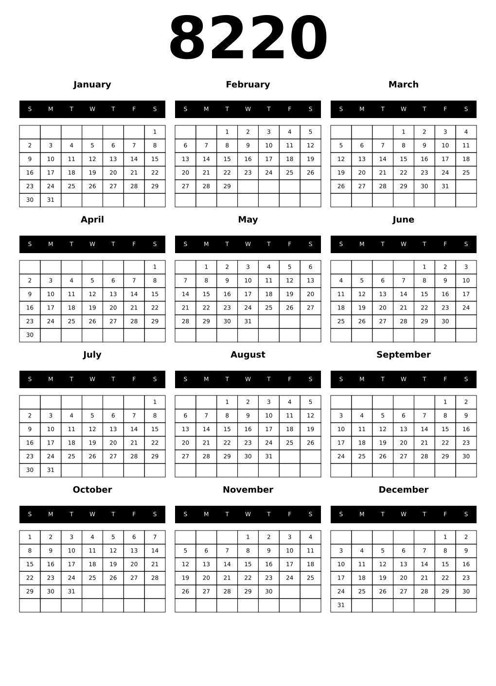 Printable 8220 Calendars