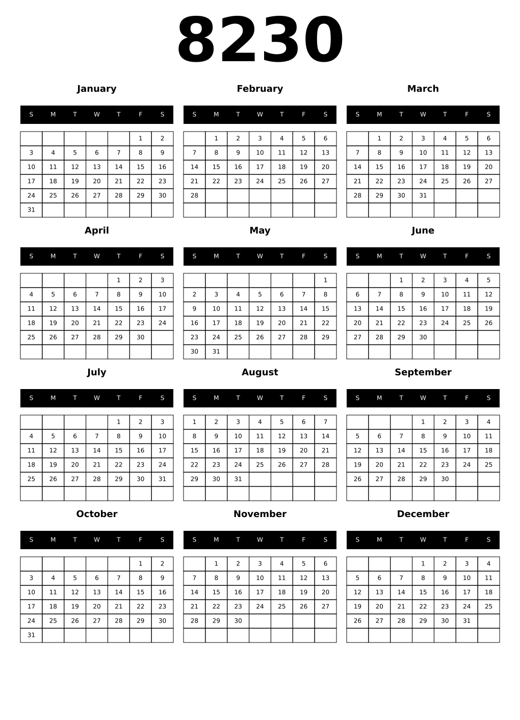 Printable 8230 Calendars