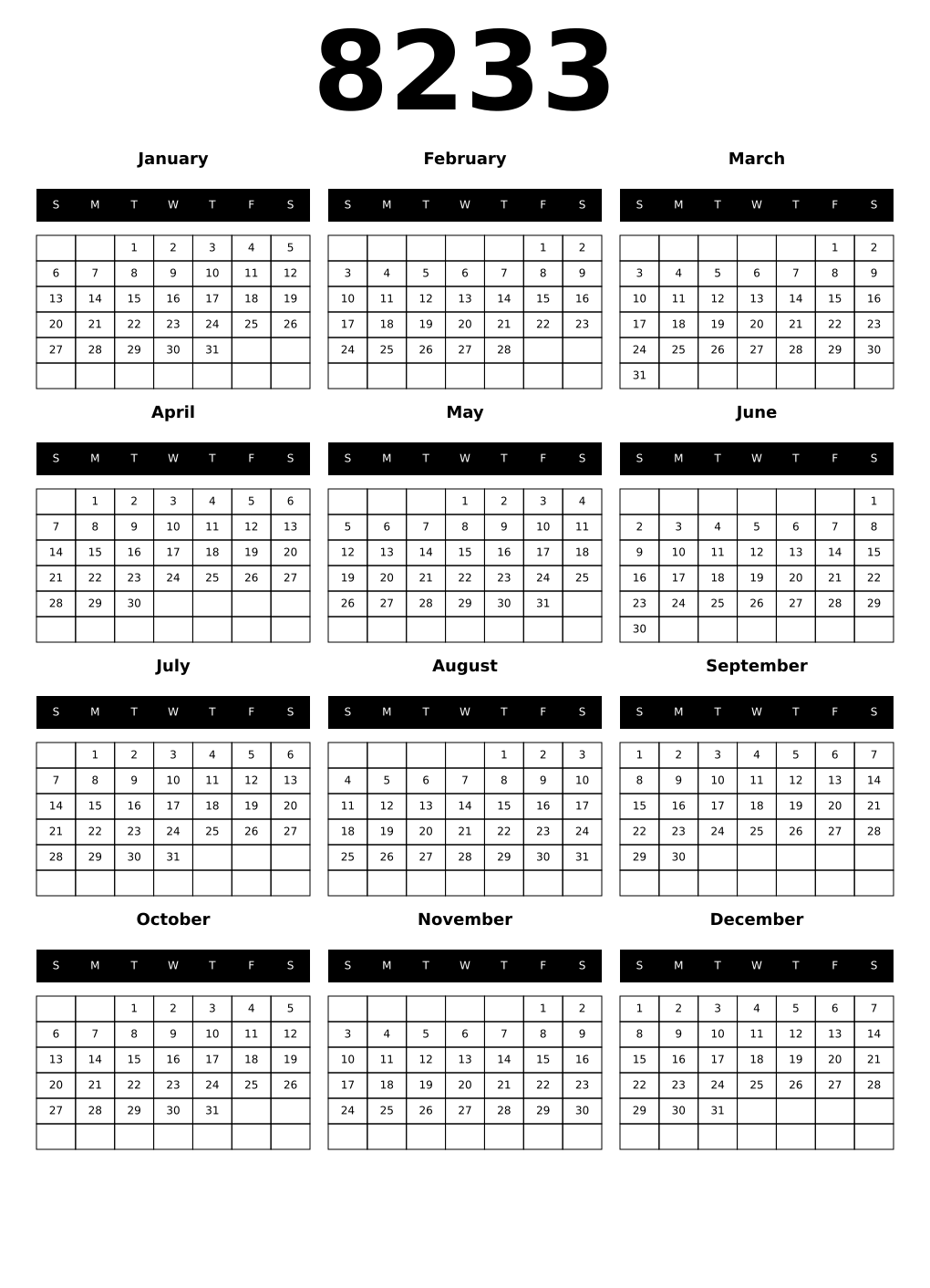 Printable 8233 Calendars