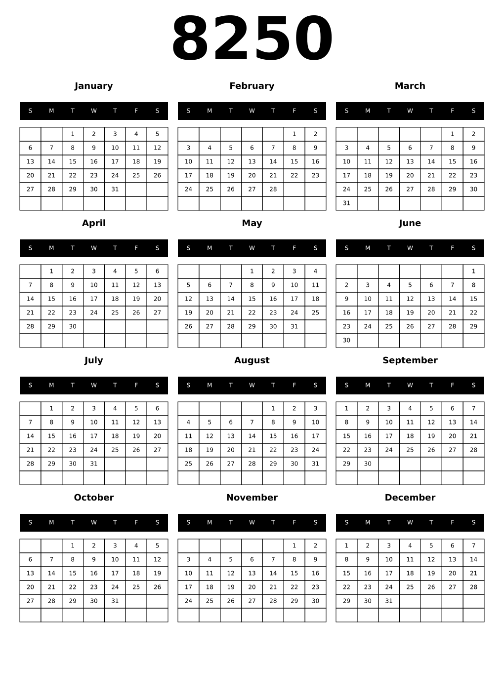 Printable 8250 Calendars
