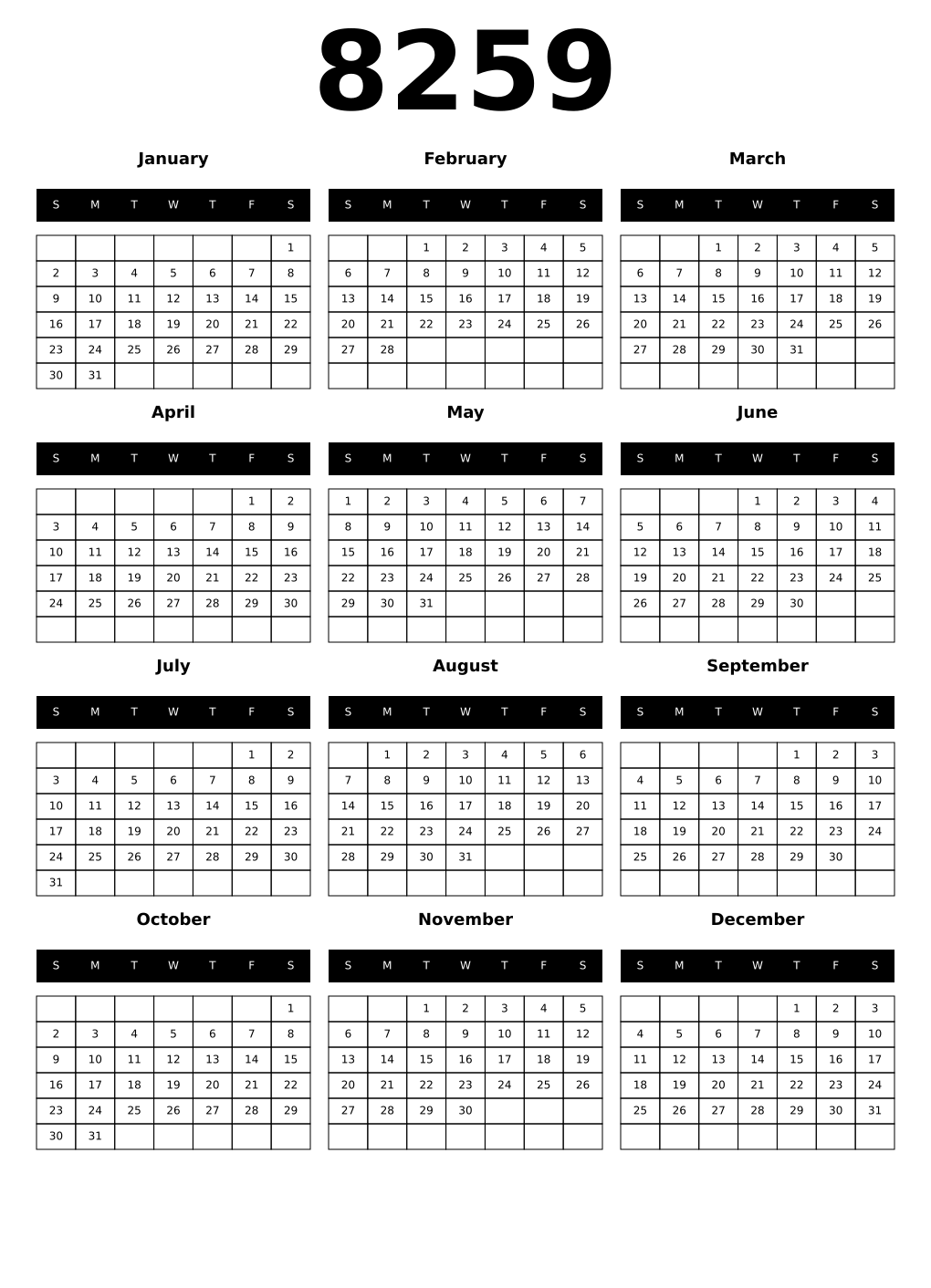 Printable 8259 Calendars