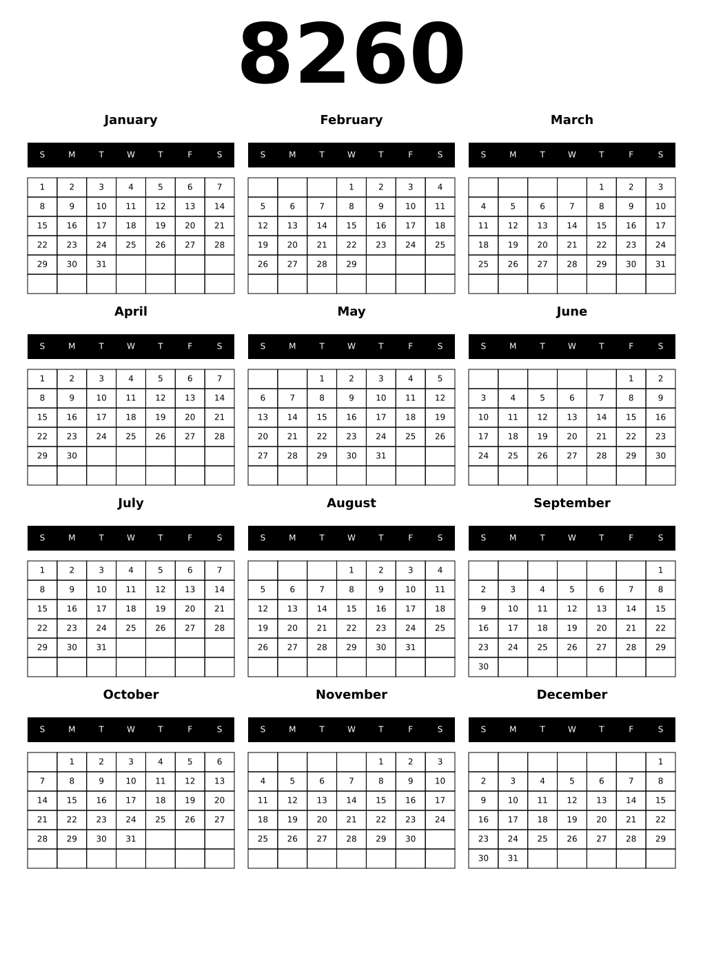 Printable 8260 Calendars