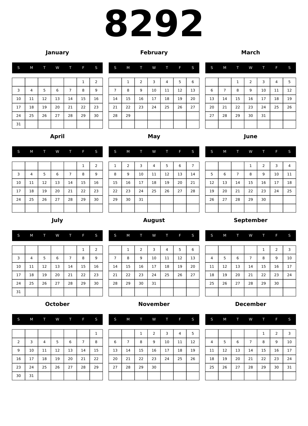 Printable 8292 Calendars