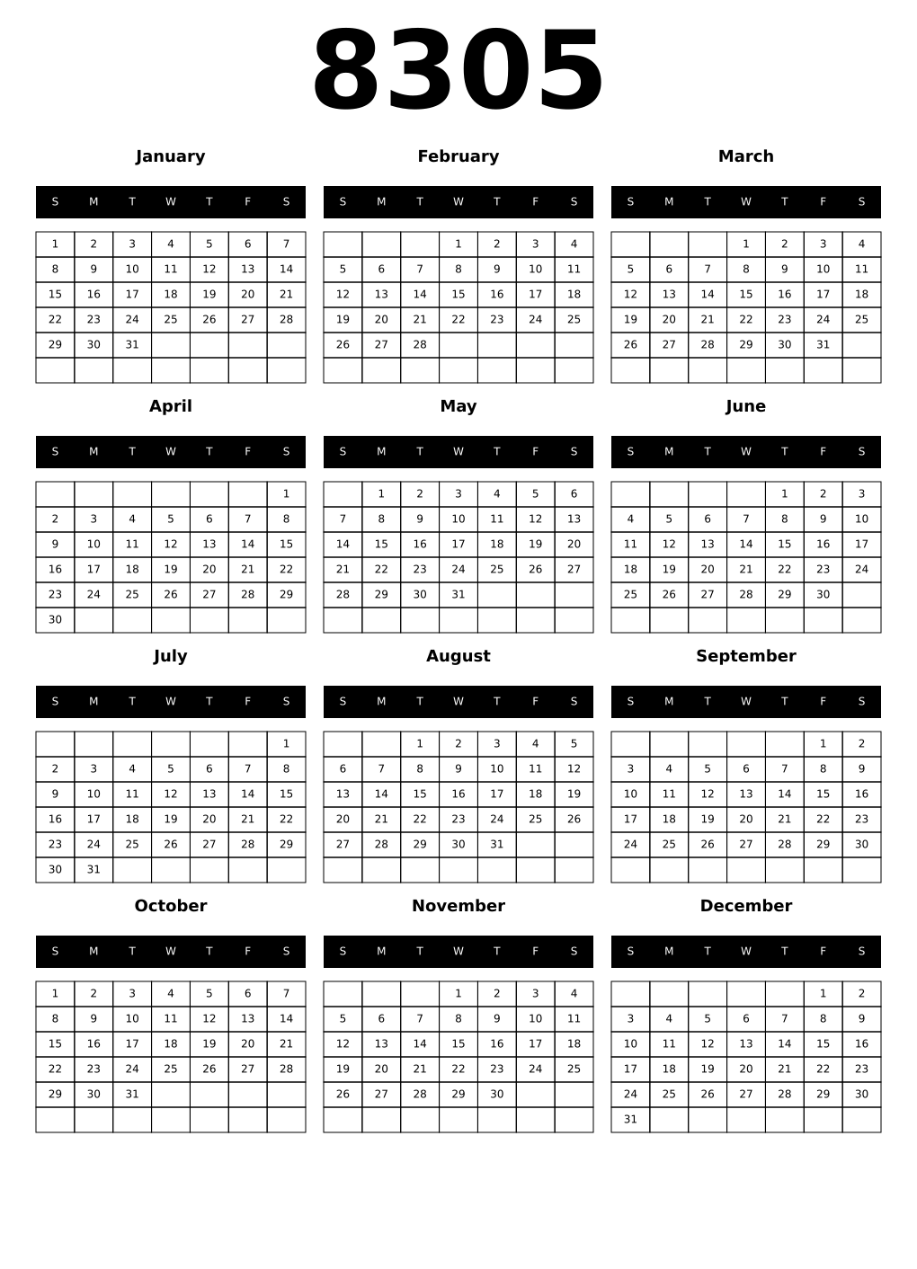 Printable 8305 Calendars