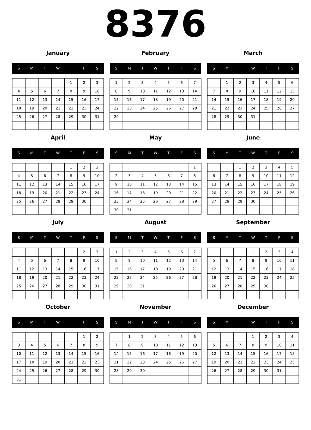 Printable 8376 Calendars