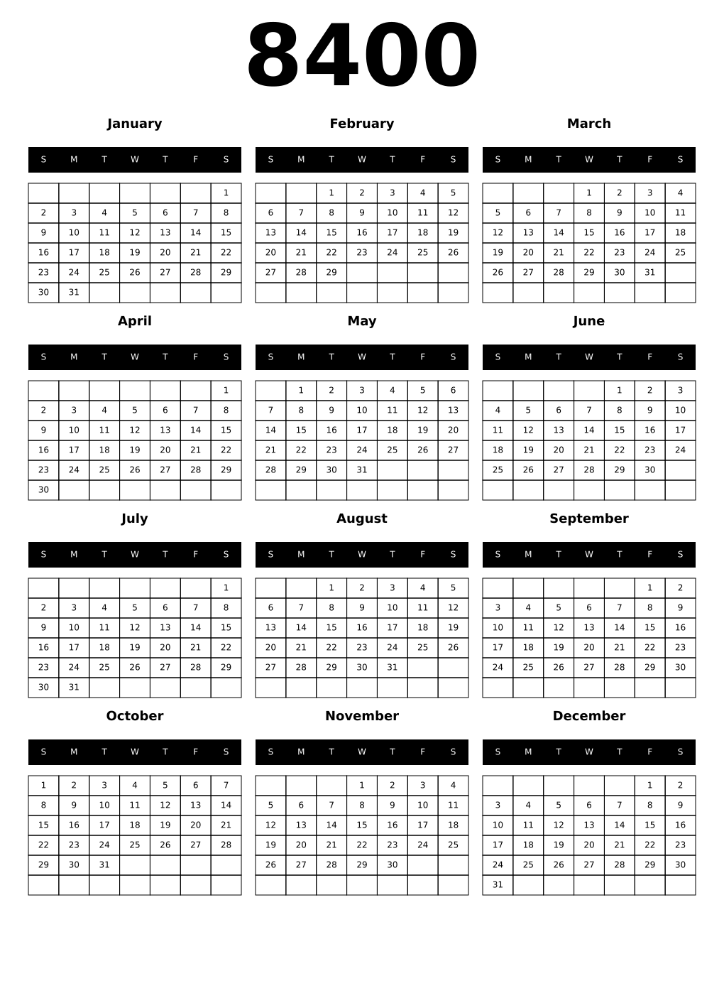 Printable 8400 Calendars