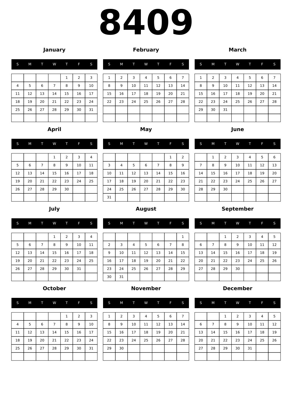 Printable 8409 Calendars