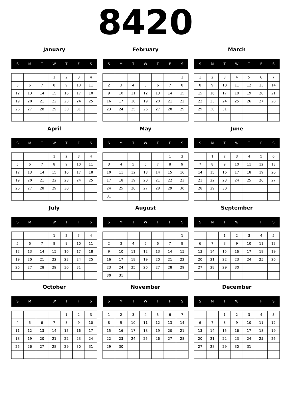 Printable 8420 Calendars