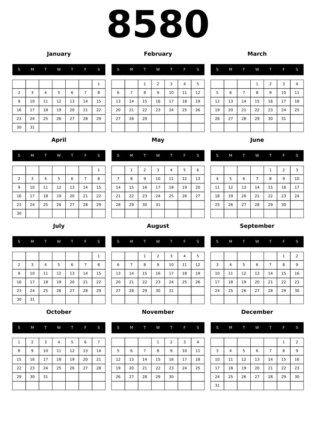 Printable 8580 Calendars