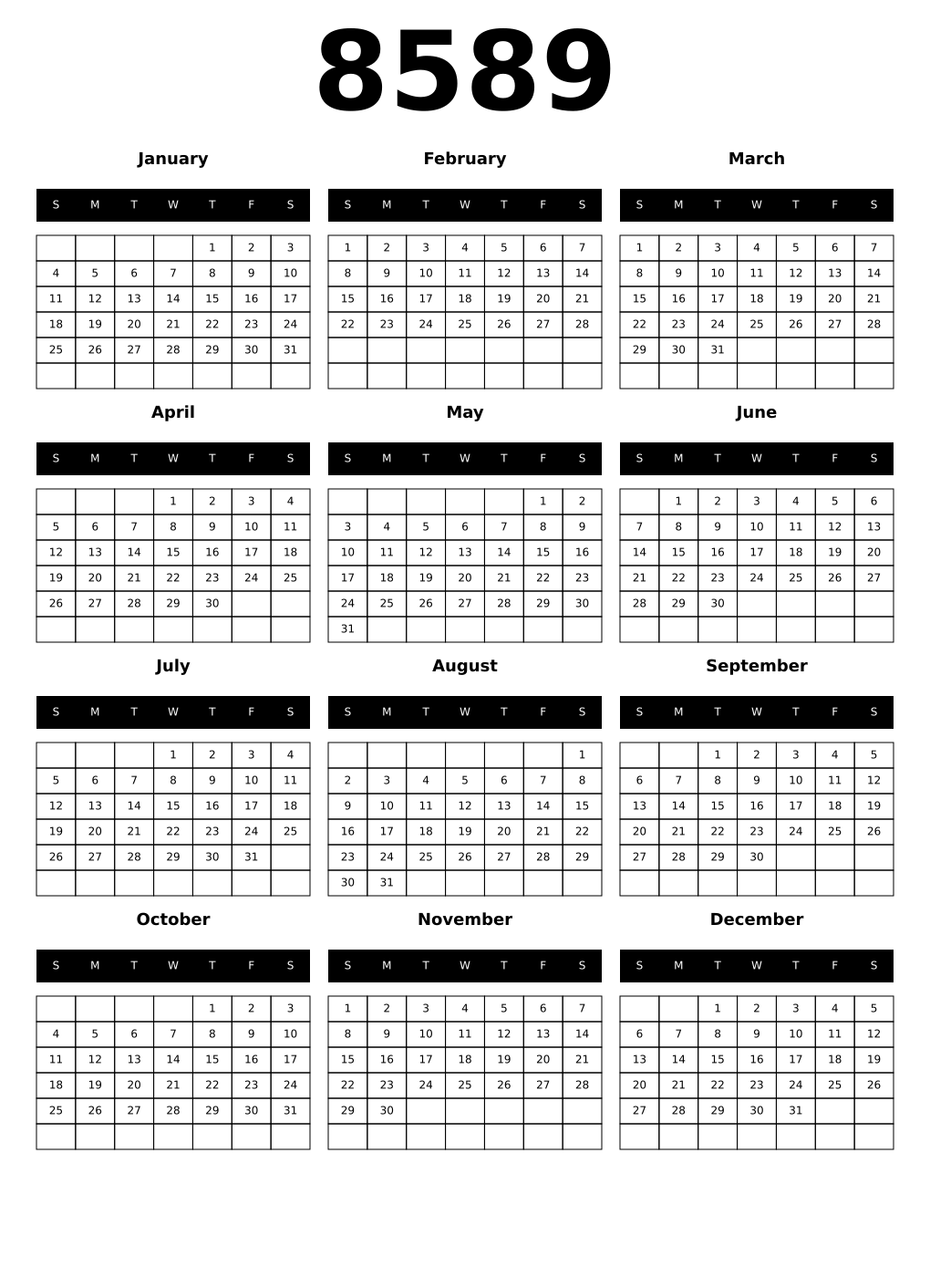 Printable 8589 Calendars