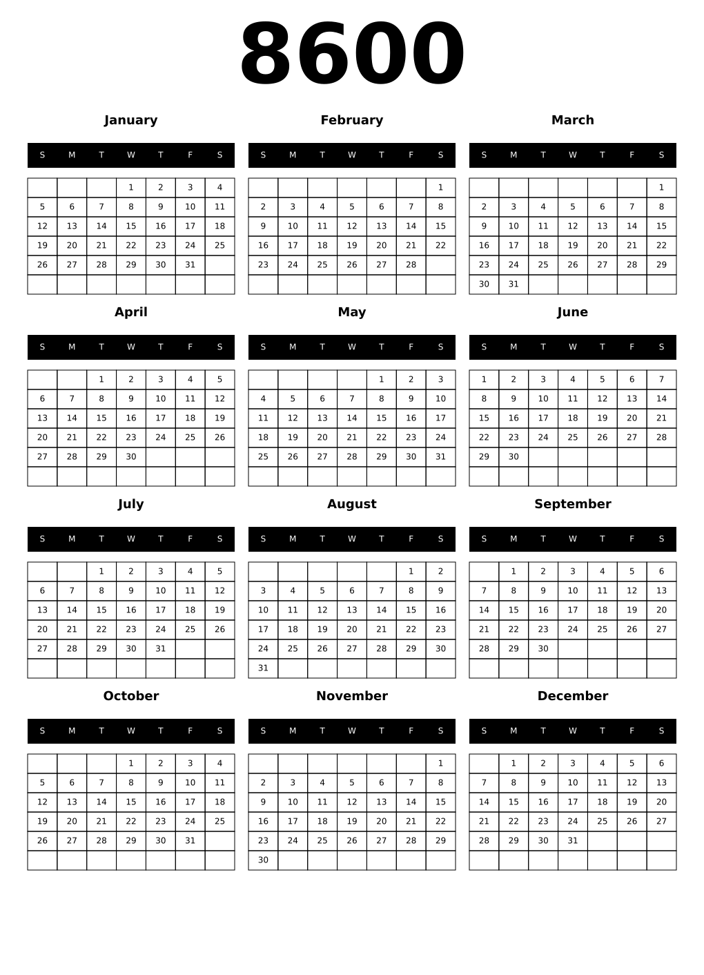 Printable 8600 Calendars