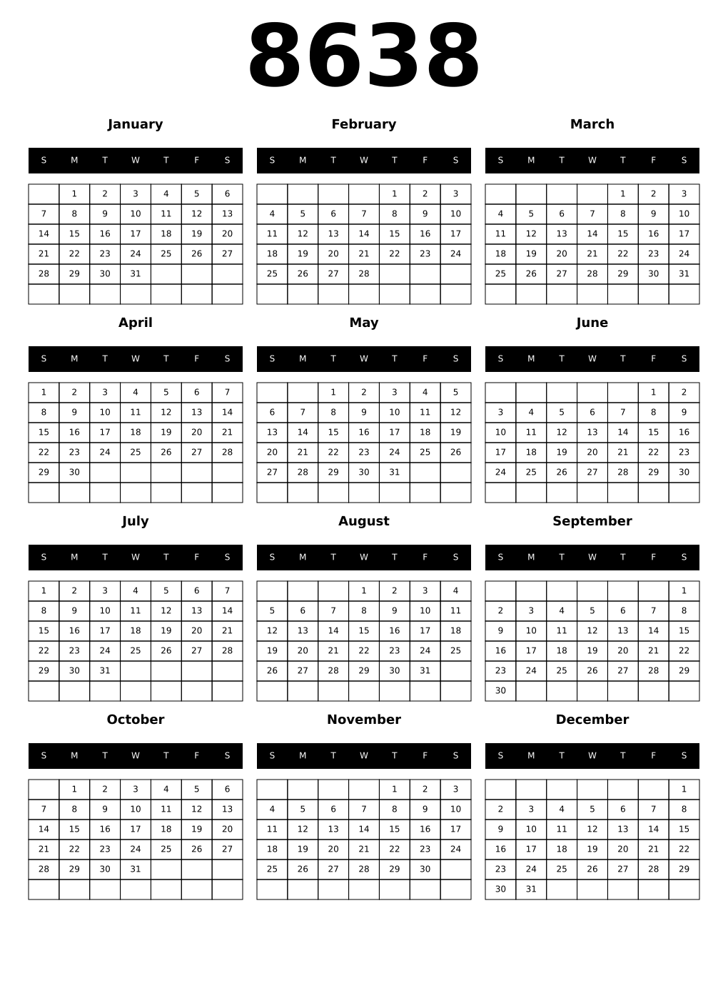 Printable 8638 Calendars