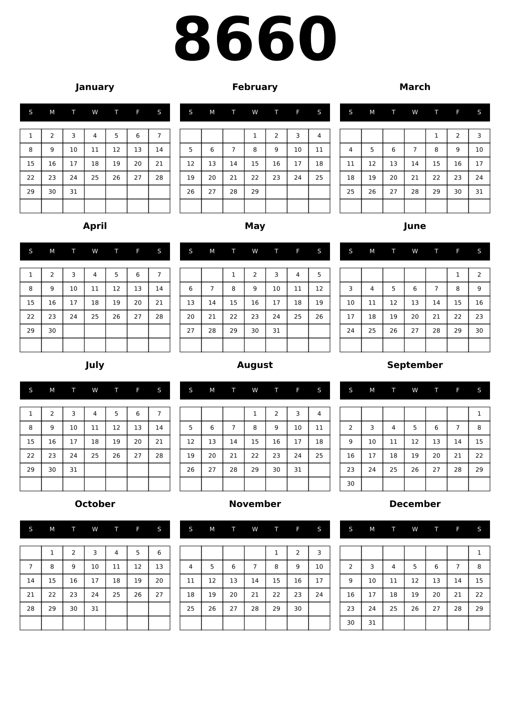 Printable 8660 Calendars