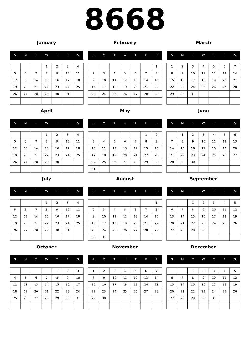Printable 8668 Calendars