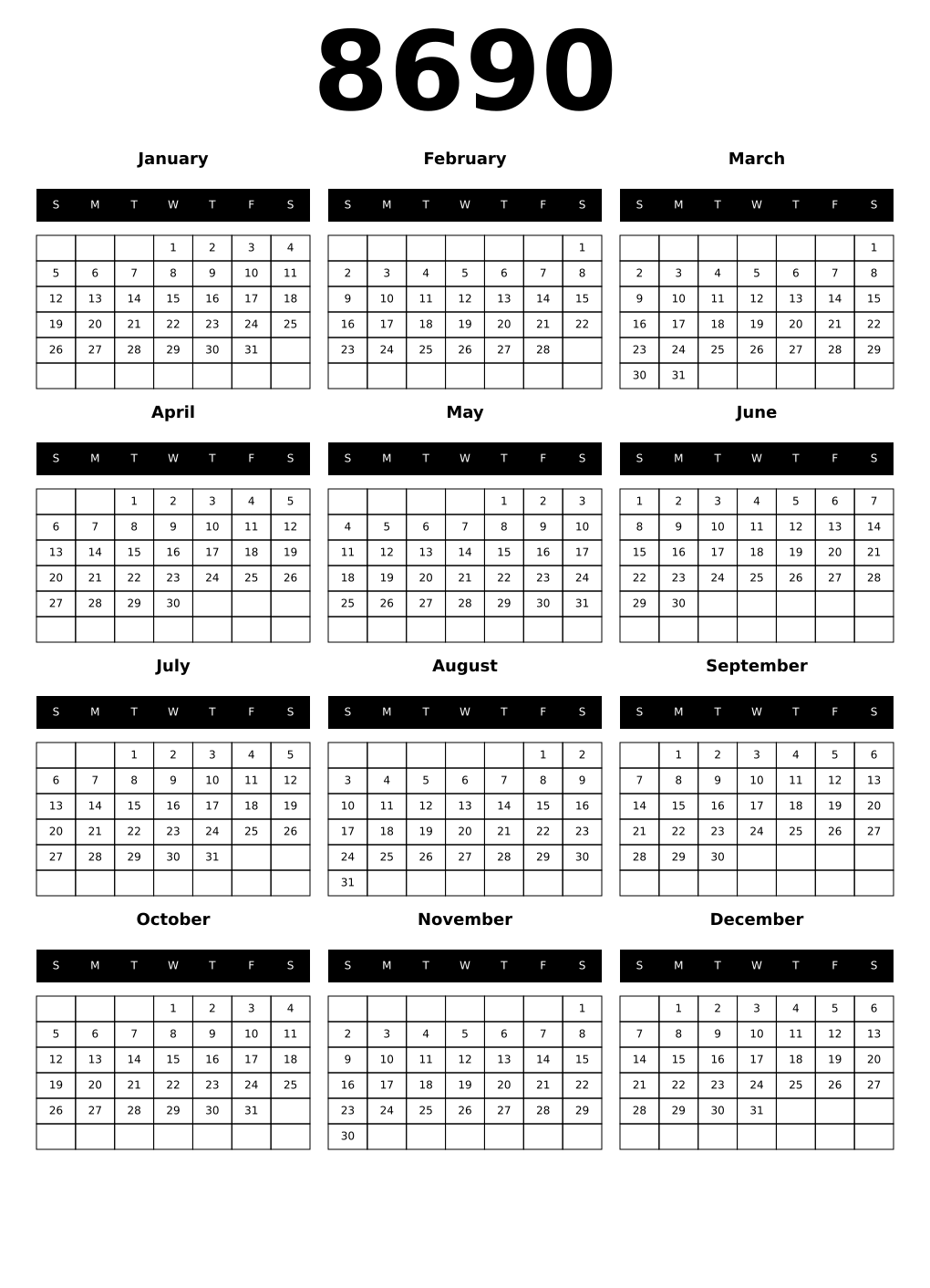 Printable 8690 Calendars