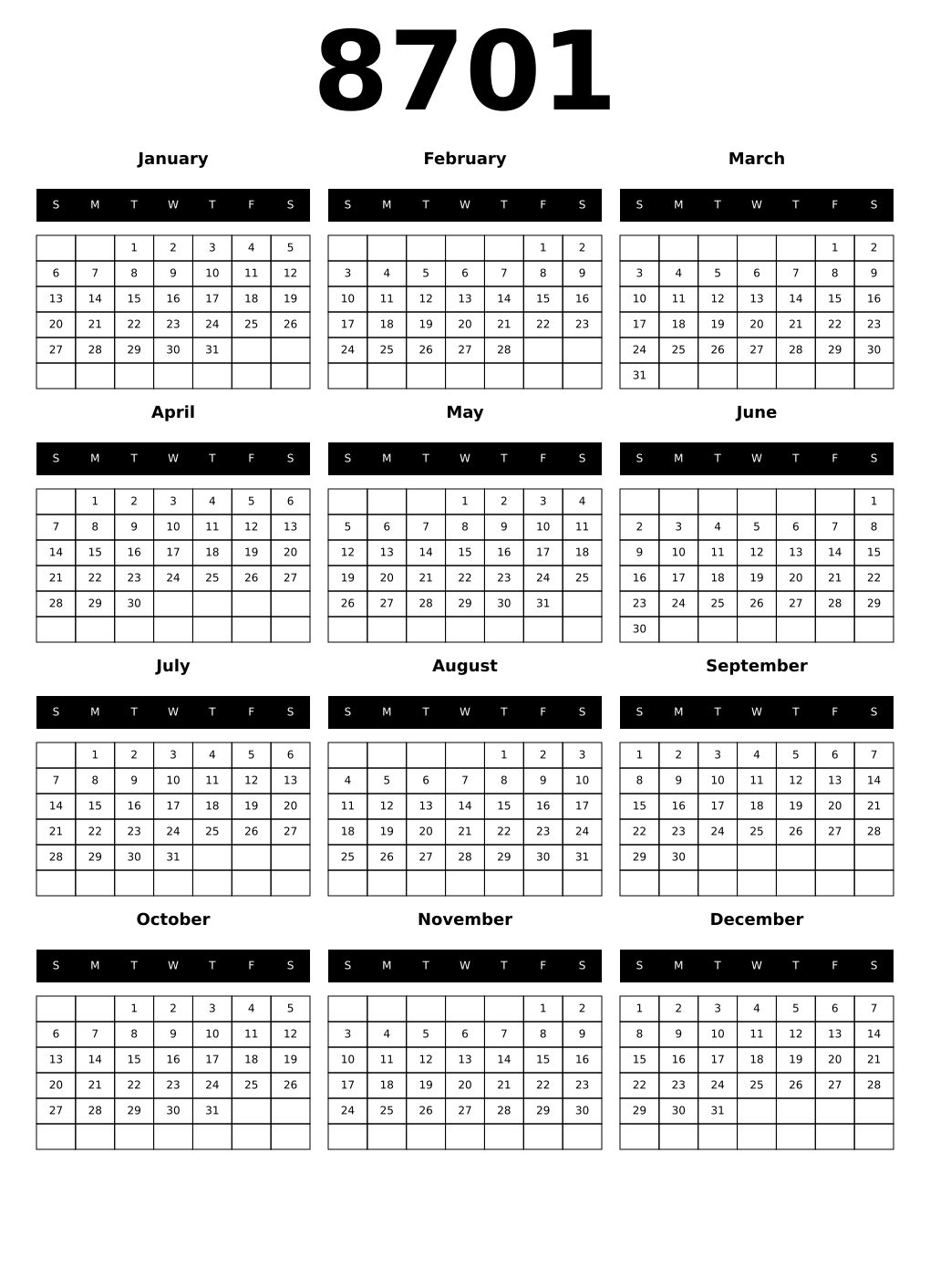 Printable 8701 Calendars