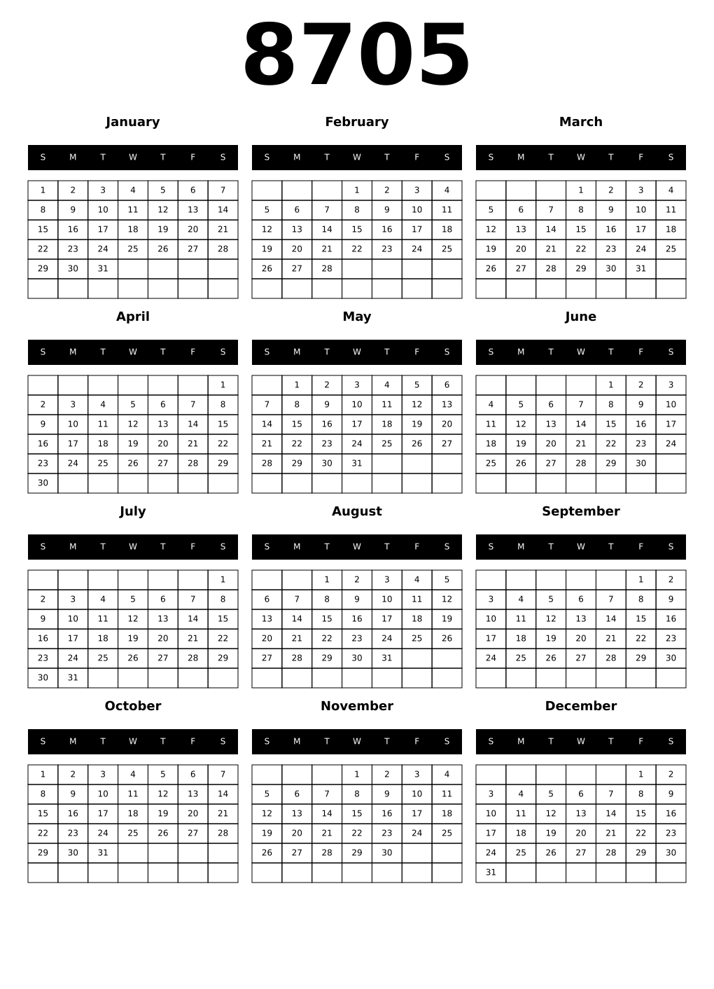 Printable 8705 Calendars