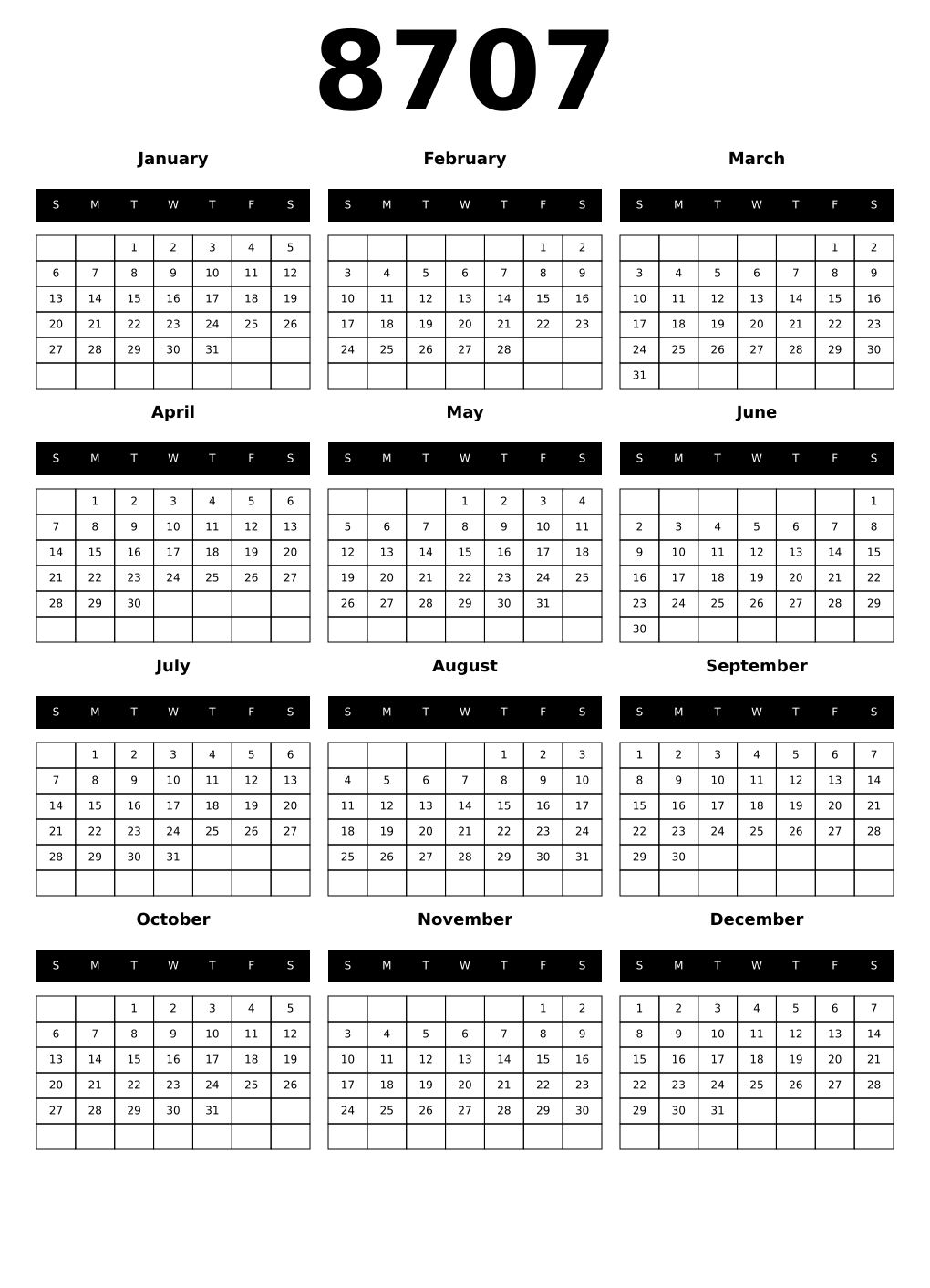 Printable 8707 Calendars