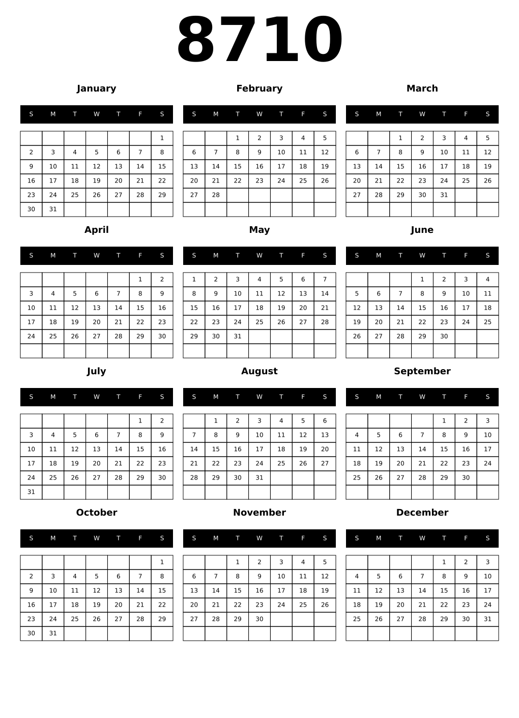 Printable 8710 Calendars
