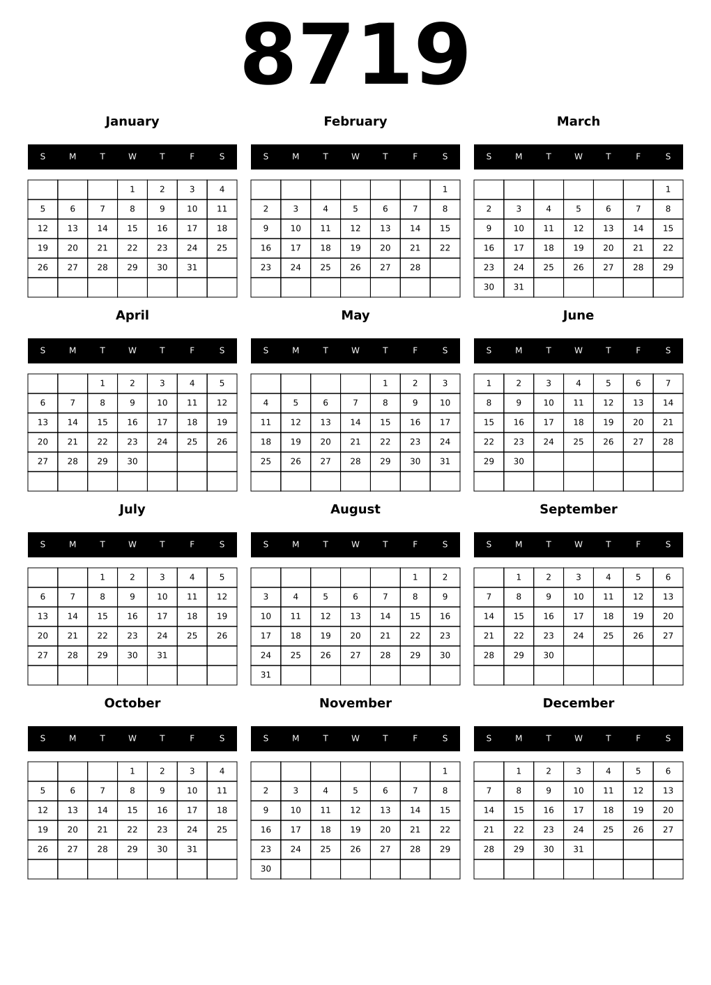 Printable 8719 Calendars