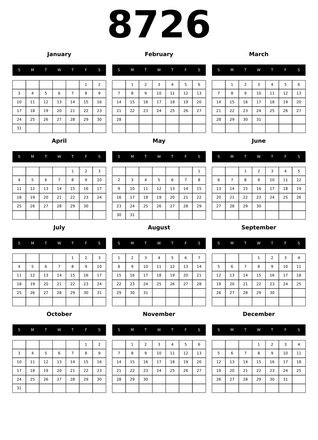 Printable 8726 Calendars