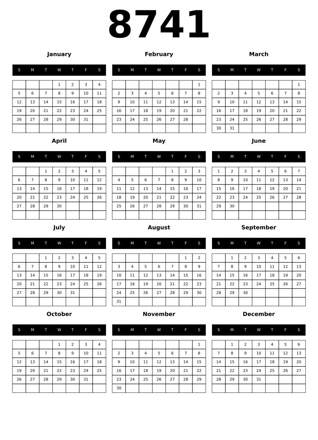 Printable 8741 Calendars