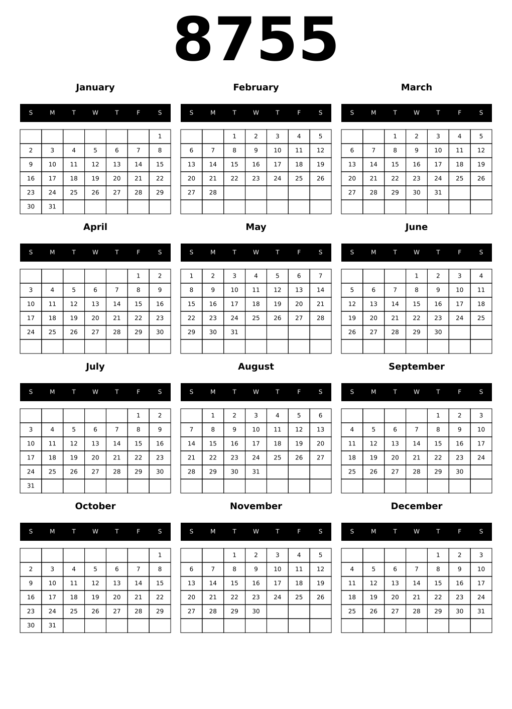 Printable 8755 Calendars