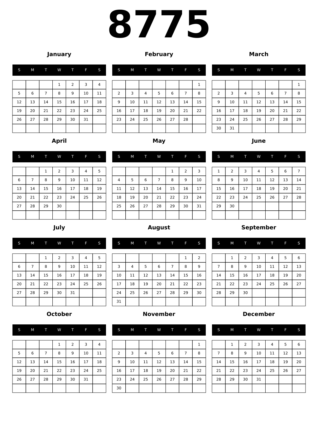 Printable 8775 Calendars