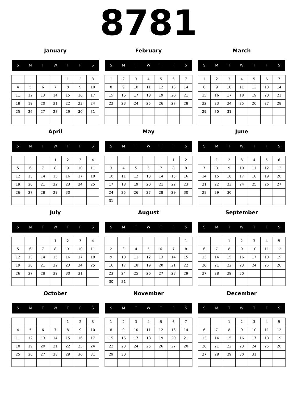Printable 8781 Calendars