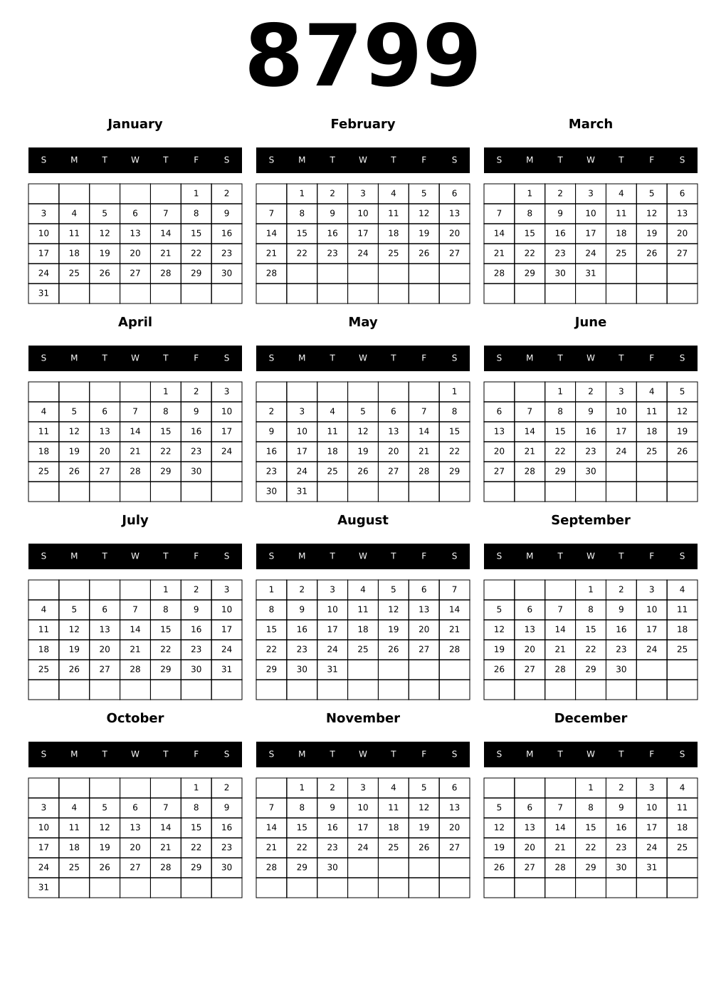 Printable 8799 Calendars