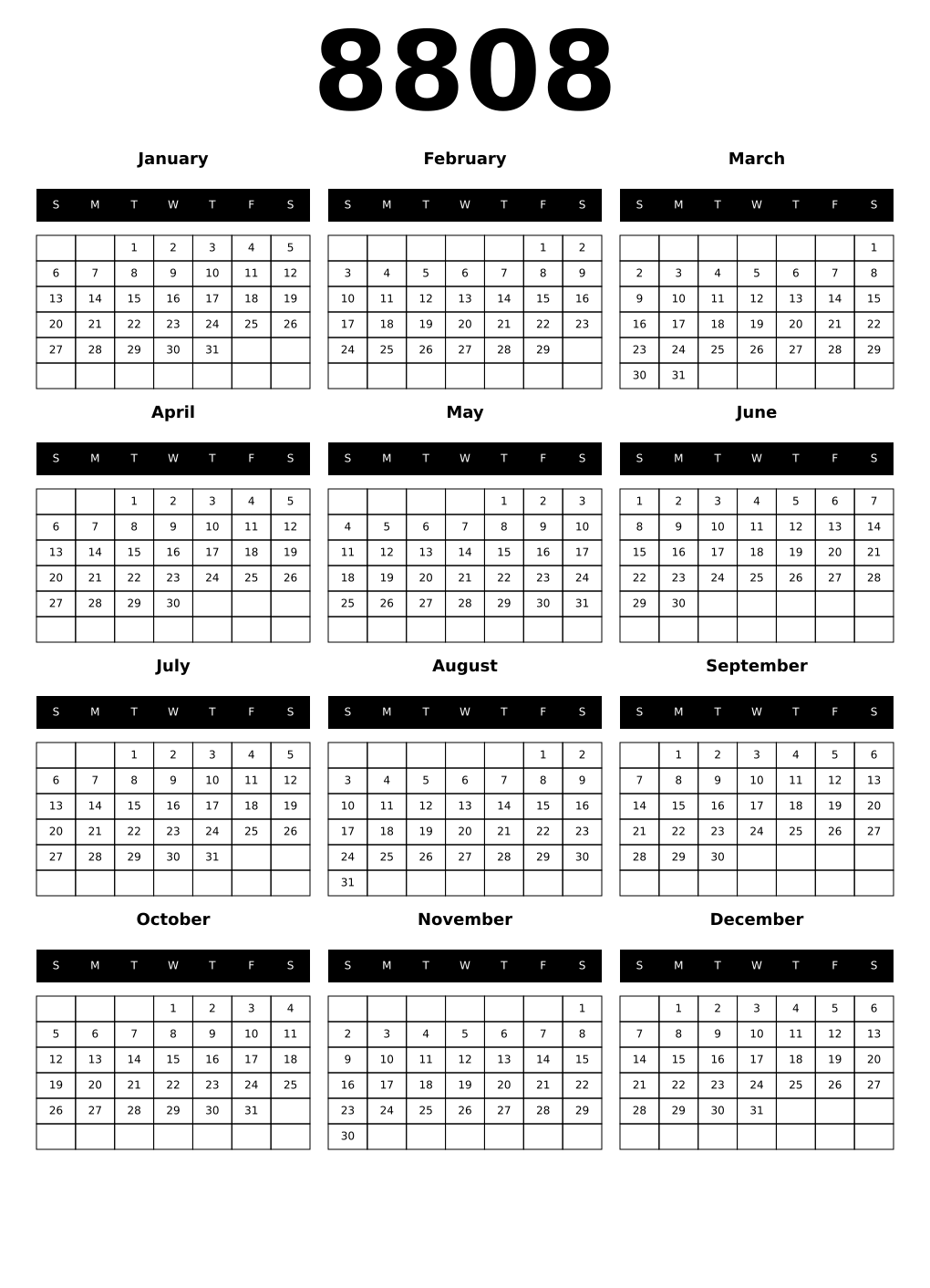 Printable 8808 Calendars