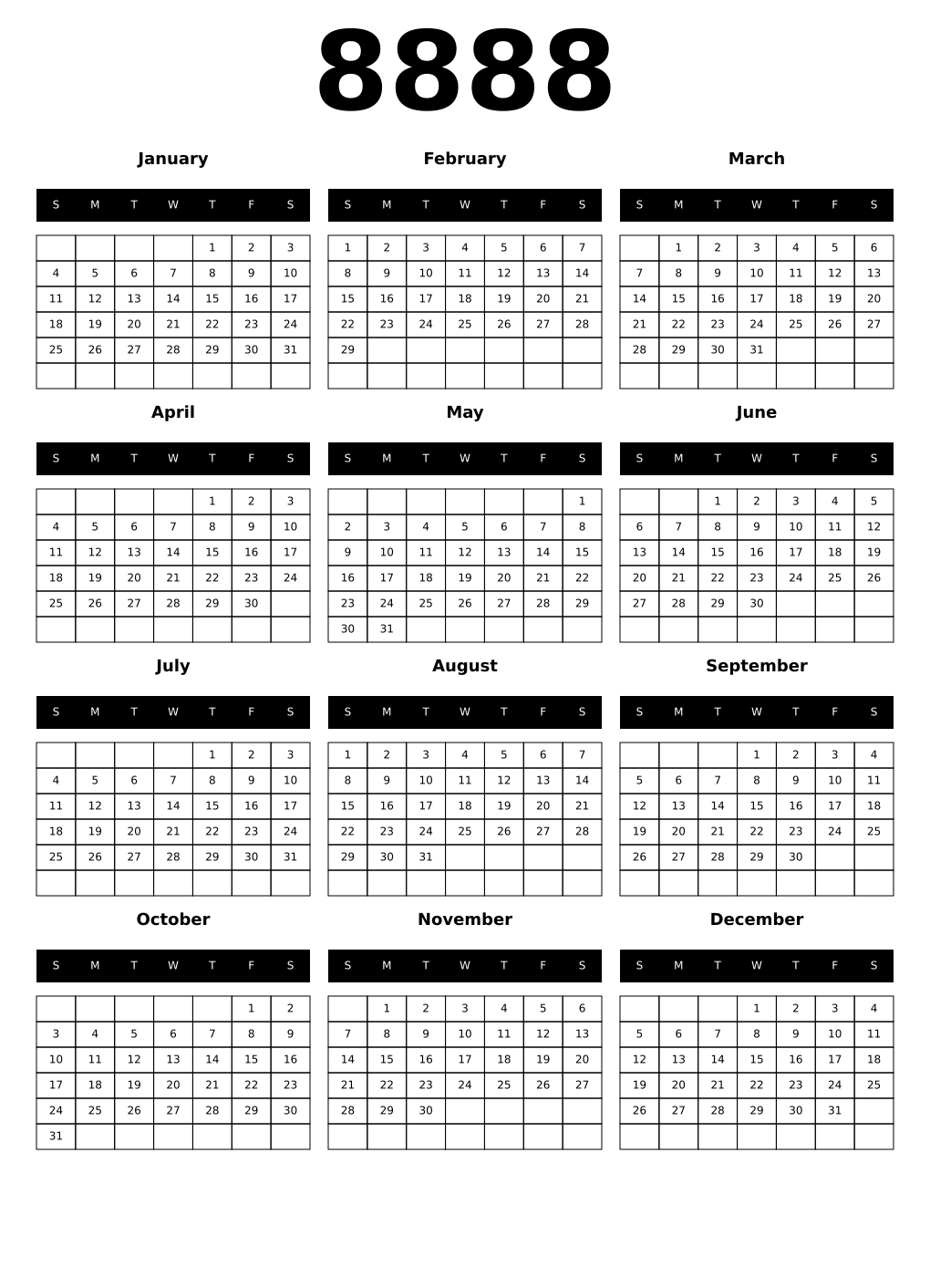 Printable 8888 Calendars
