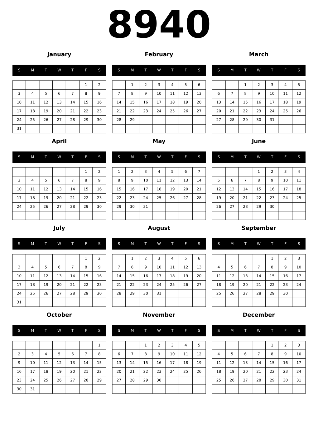 Printable 8940 Calendars